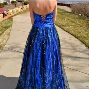 Hailey Logan Adrianna Papell navy blue sparkle long evening dress strapless 9/10